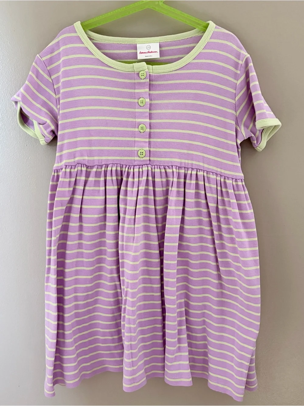 Hanna Andersson Girls Striped Purple Green Short Sleeve Day Play Dress Size 8